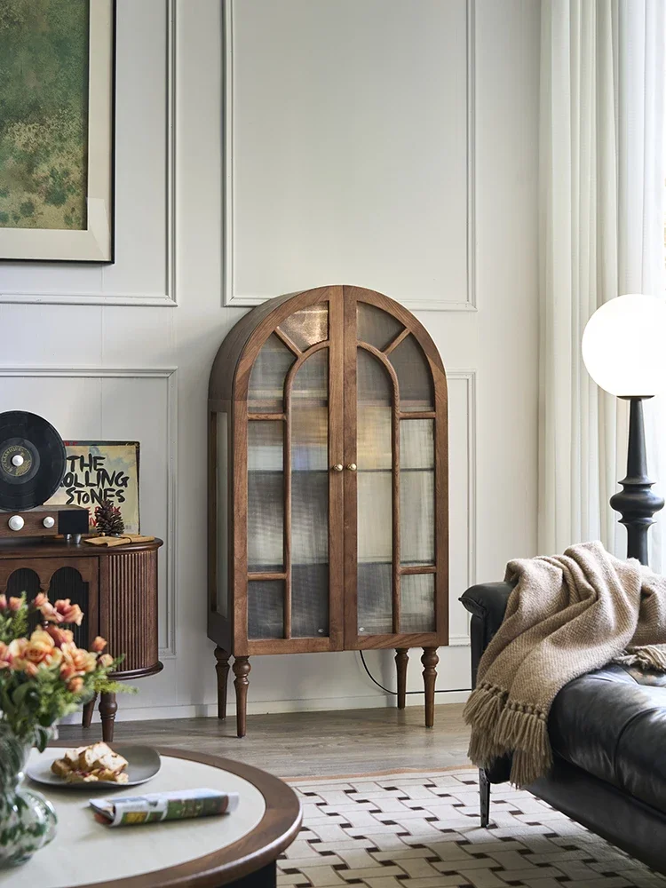 French retro solid wood dining side cabinet, living room display chest, medieval furniture glass