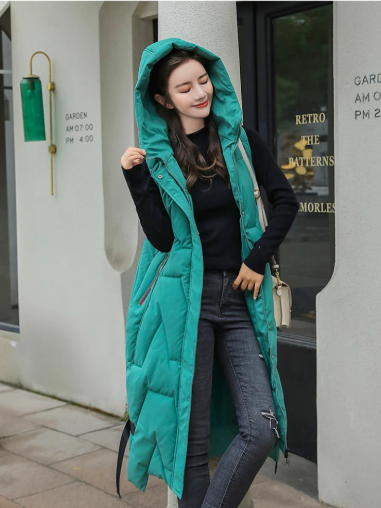 

Autumn Winter Long Vest Women's Hooded Loose Green Pockets Padded Ladies Casual Sleeveless Jacket Warm Quilted Vest for Female