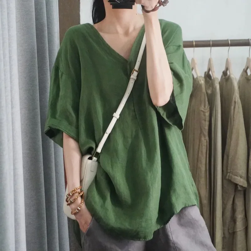 

Loose Cotton Linen Casual Women's Shirt Half Sleeve V-neck Large Size Top Female Summer New Style Cross-border Clothing