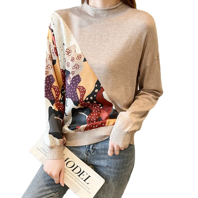 Atasan Rajut Wanita Vintage Sweter Rajut Print Longgar Atasan Rajut Lengan Panjang Wanita