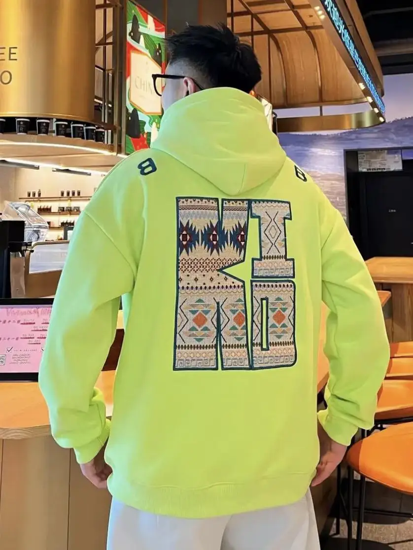 

Retro American Patchwork Embroidered Fce Lined Thiened Hoodie Men's Autumn Winter Streetwear Loose Casual Versatile Coup...