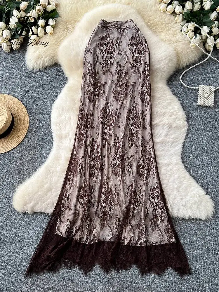 Feminine Floral Lace Skirt French Zipper Design High Waist Splice Slim Ladies Office Lady Classy Mesh A-line Skirt