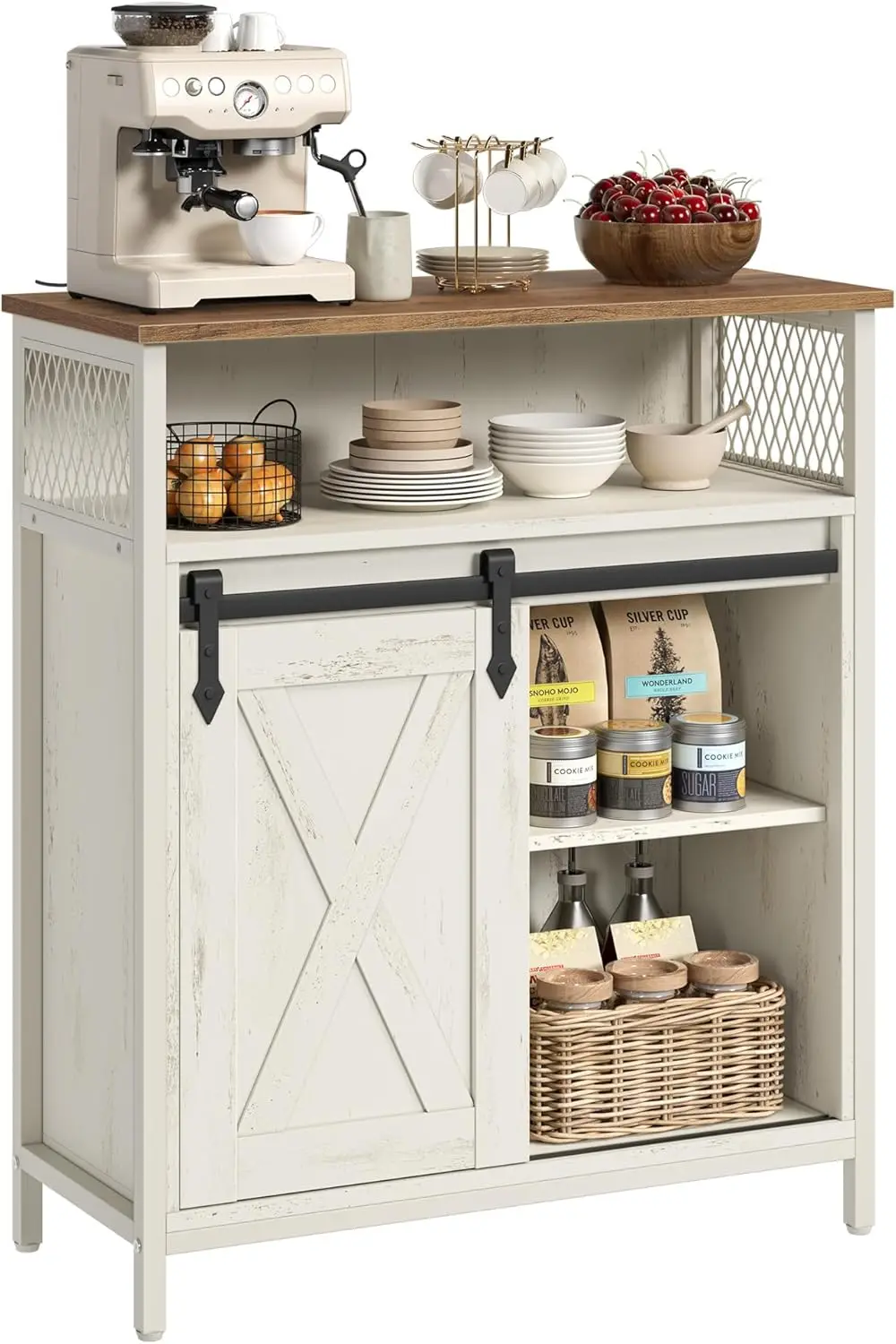 

Rustic White and Honey Brown Sideboard with Sliding Barn Door, Adjustable Shelves, 11.8x27.6x31.5 Inches for Living Room Storage