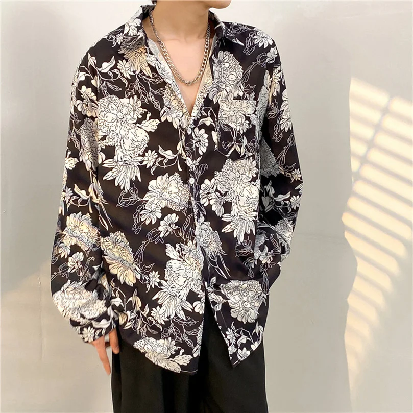 Bandana Print Shirt Men Polyester Casual Shirt Man Turn Collar Spring Summer Top Clothing Oversize Hip Hop Punk Clothing 2023