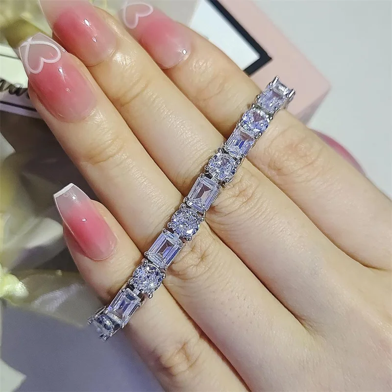 Luxury 925 Silver Bridal Jewelry Round Rectangle Diamond Bracelet Bangle for Women Wedding Gift Jewelry Wholesale on Hand Love