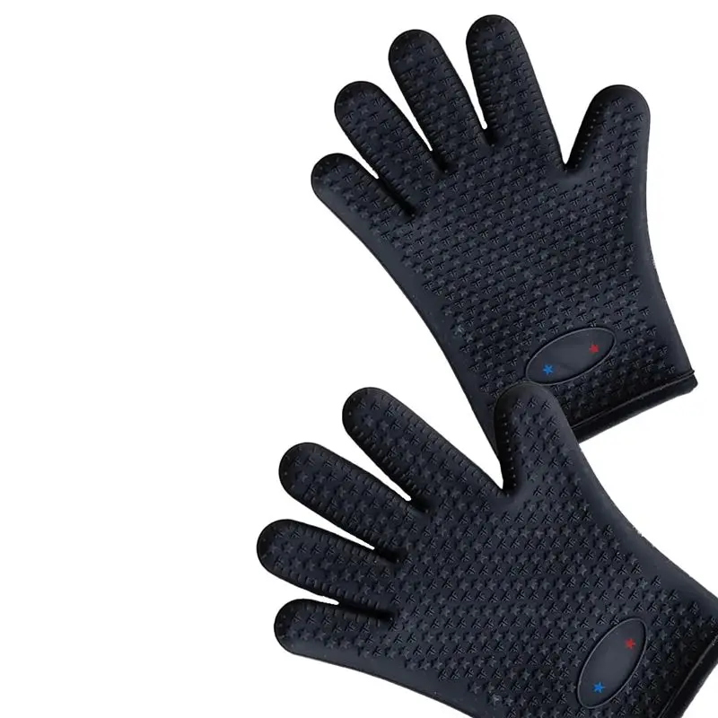A33Z-Silicone Oven Mitt Gloves - Heat Resistant Bbq Gloves With Fingers For Grilling Or Smoker Pit, Easy Clean