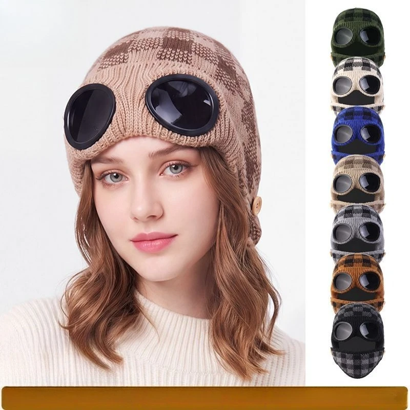 Hot Sale Fashion Knitted Hat 2026 Winter New Plaid Glasses Mask Wool Hat Men's Double Layer Fleece Face Protection Flying Hat
