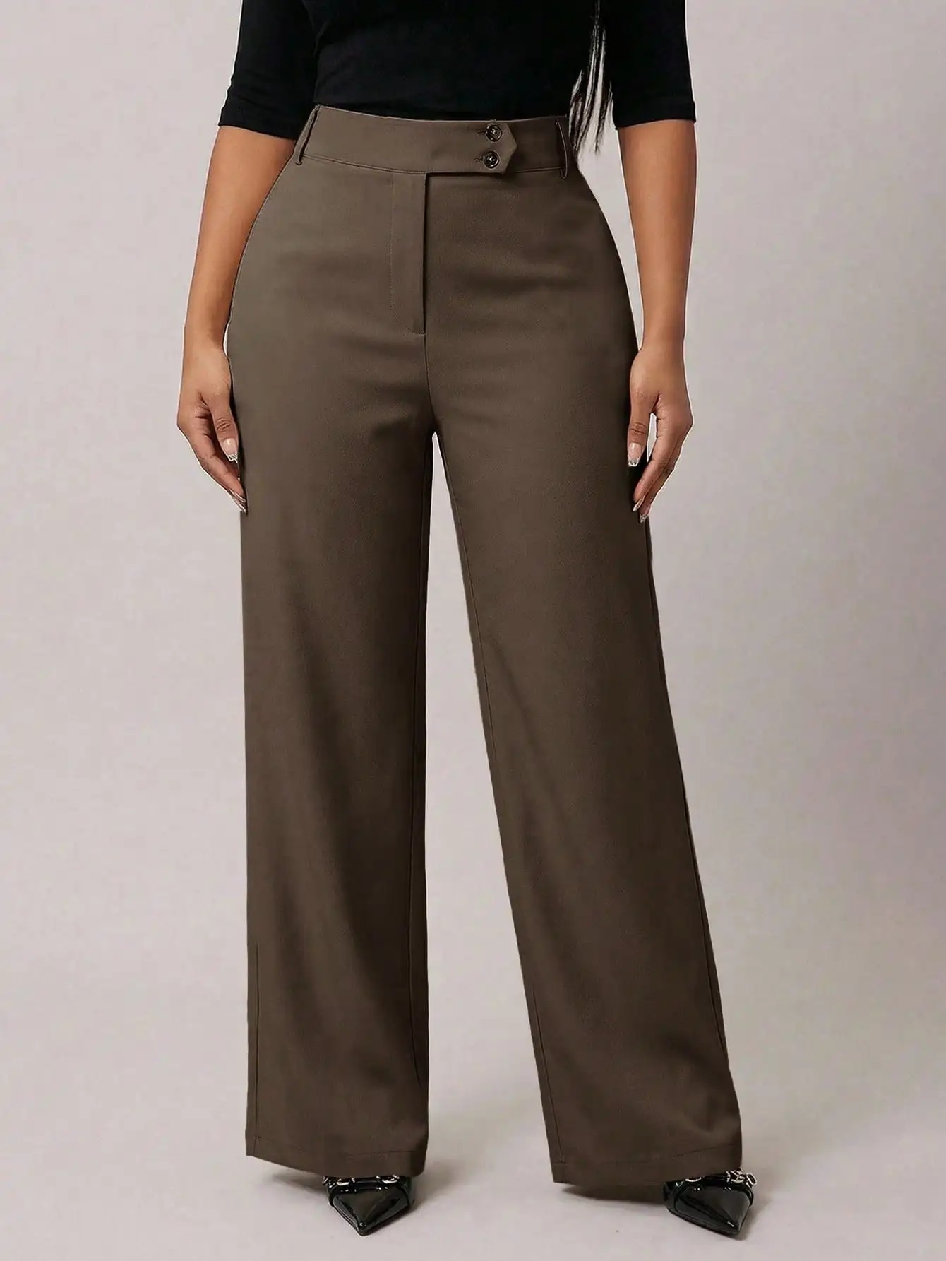 Radiana Women High Waist Relaxed Fit Wide Leg Elegant Pants With Button Detail Brown