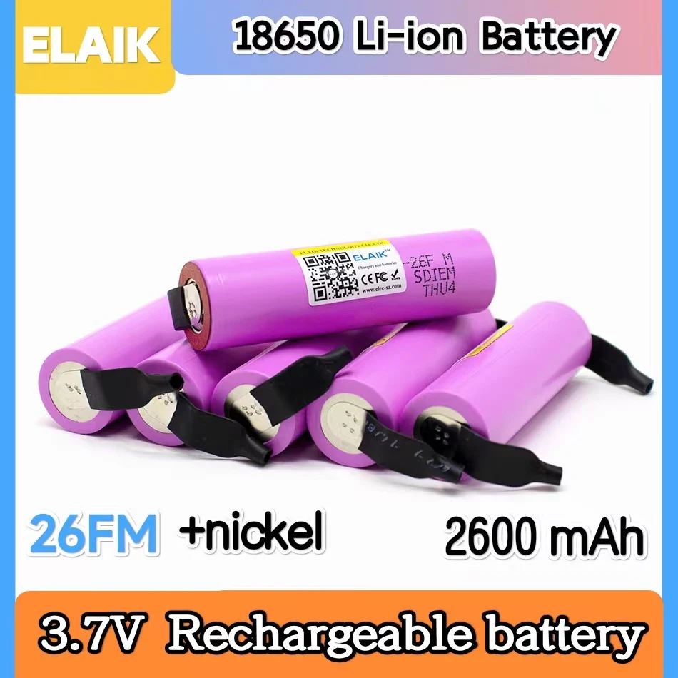 ELAIK New 100% Original 18650 2600mah battery ICR18650-26FM Li ion 3.7V rechargeable battery+ DIY Nickel sheet