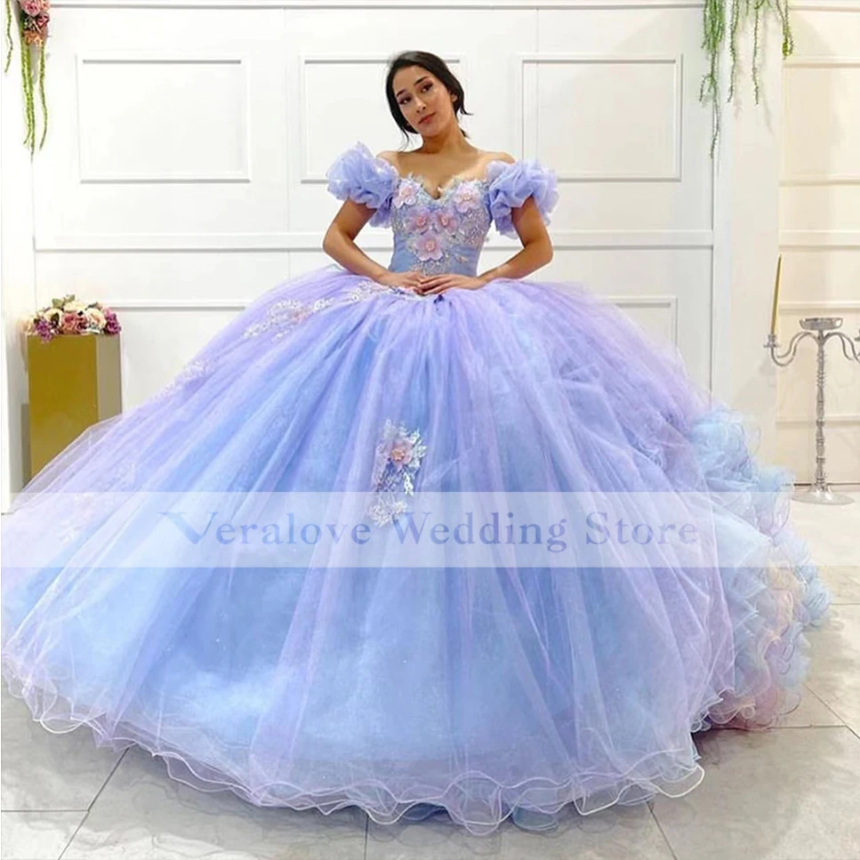 Vestido de quinceañera con hombros descubiertos, 16 vestidos, azul Lila, 2022