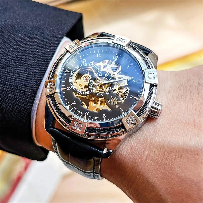 European, American, Japanese, and Korean Style Skeleton Tourbillon Men's Automatic Mechanical Watch, with Luminous Features, Skeleton Design, Fashionable Business Luxury Personality Social Guy Watch, Trendy Retro Street Style, the Best Gift for Him