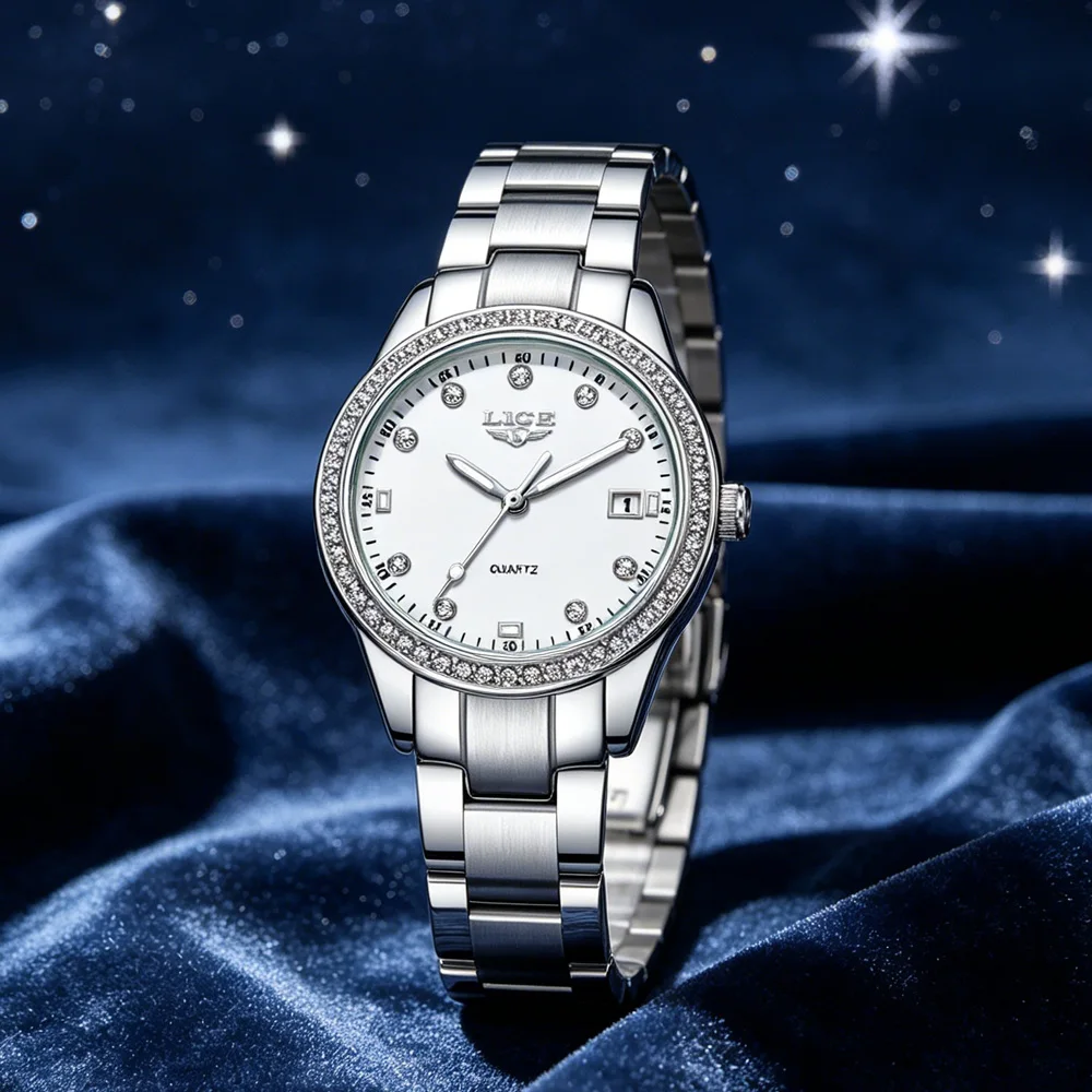 

LIGE Diamond Dial Quartz Watch for Women Fashion Elegant Ladies Watches Stainless Steel Waterproof Women's Wristwatch