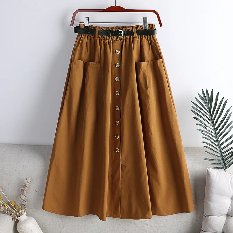 Single Breasted Skirt Women Spring 2022 Autumn Fashion High Waist Pleated Skirt Female A Line Skirt With Belt