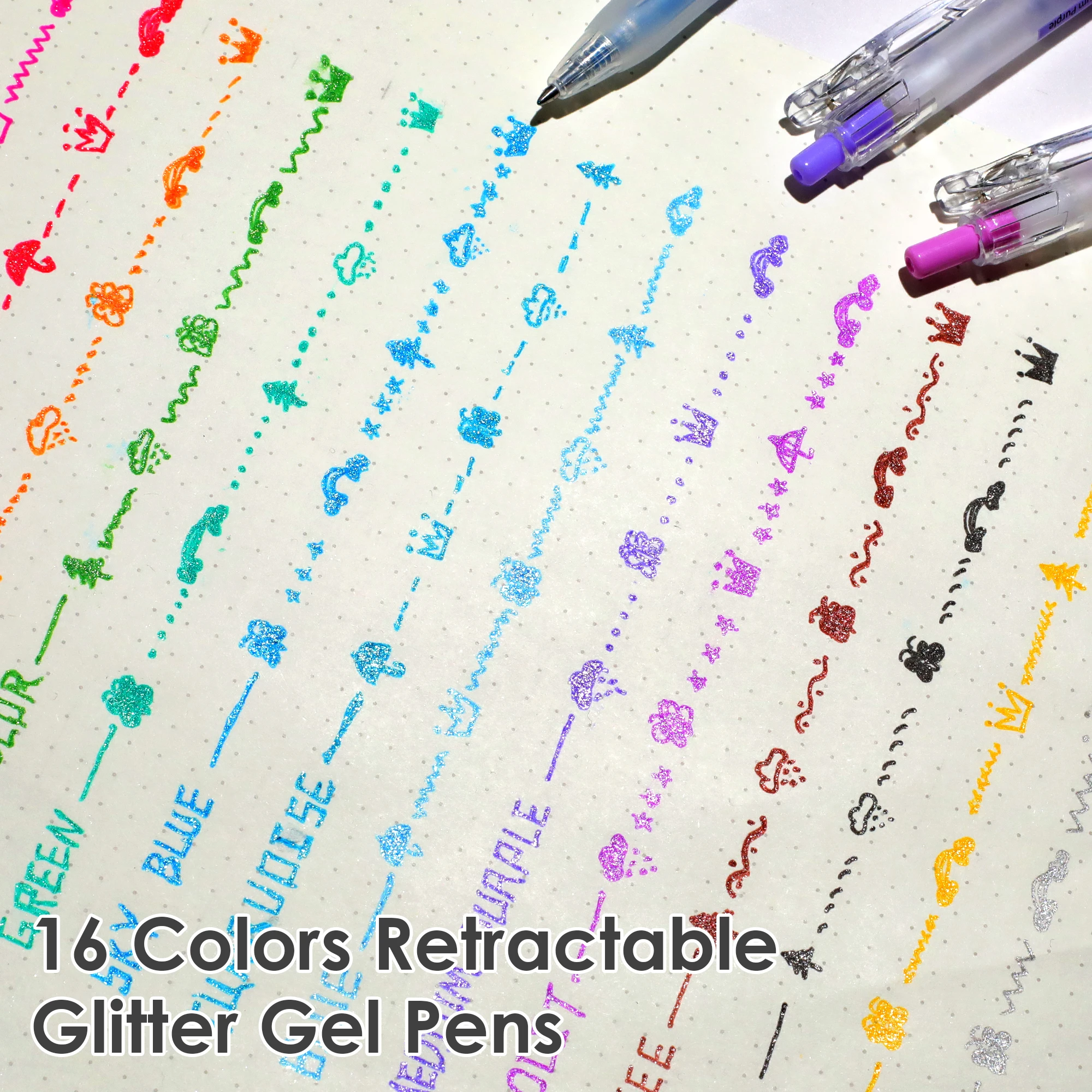 Glitter Gel Pens 16 Assorted Pastel Color 0.7mm Retractable Colored Sparkle Glitter Pen Set for Adults Kids Journaling Coloring