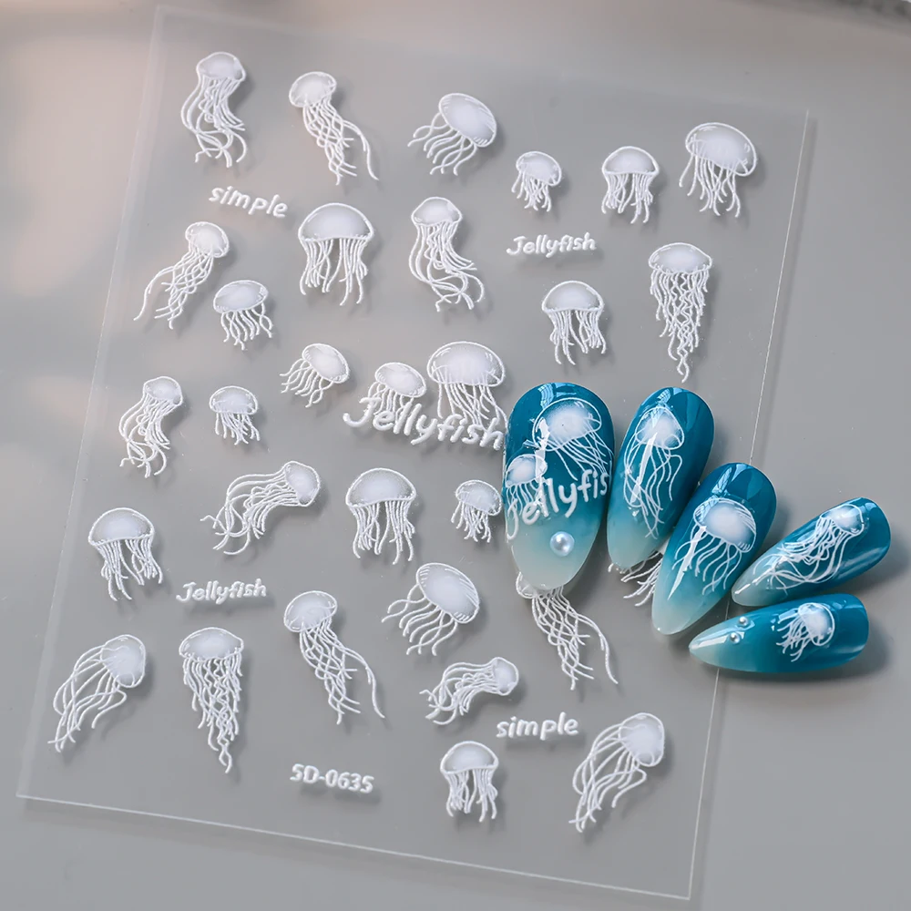 1 unidad de pegatinas de uñas 5D con relieve de medusas, verano, océano, diseño del mundo del mar blanco, calcomanías para uñas, decoración de manicura deslizante