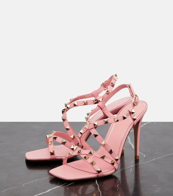 Sandali Rockstud in pelle metallizzata scheggiata cinturini con punta quadrata tacchi alti tacchi a spillo estate nuove donne scarpe firmate da