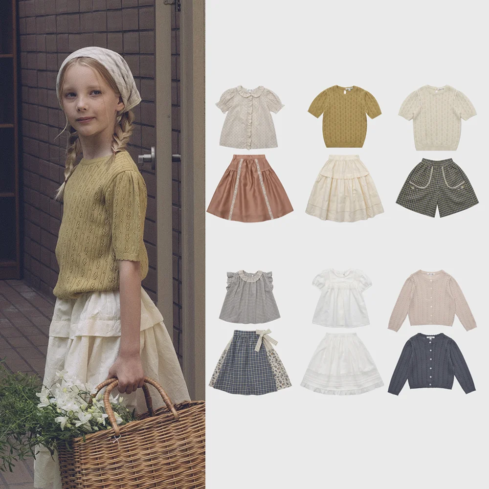 

LOU 2025SS New Children's Clothing Girl Long Sleeve Knitted Shirt Half Skirt Set