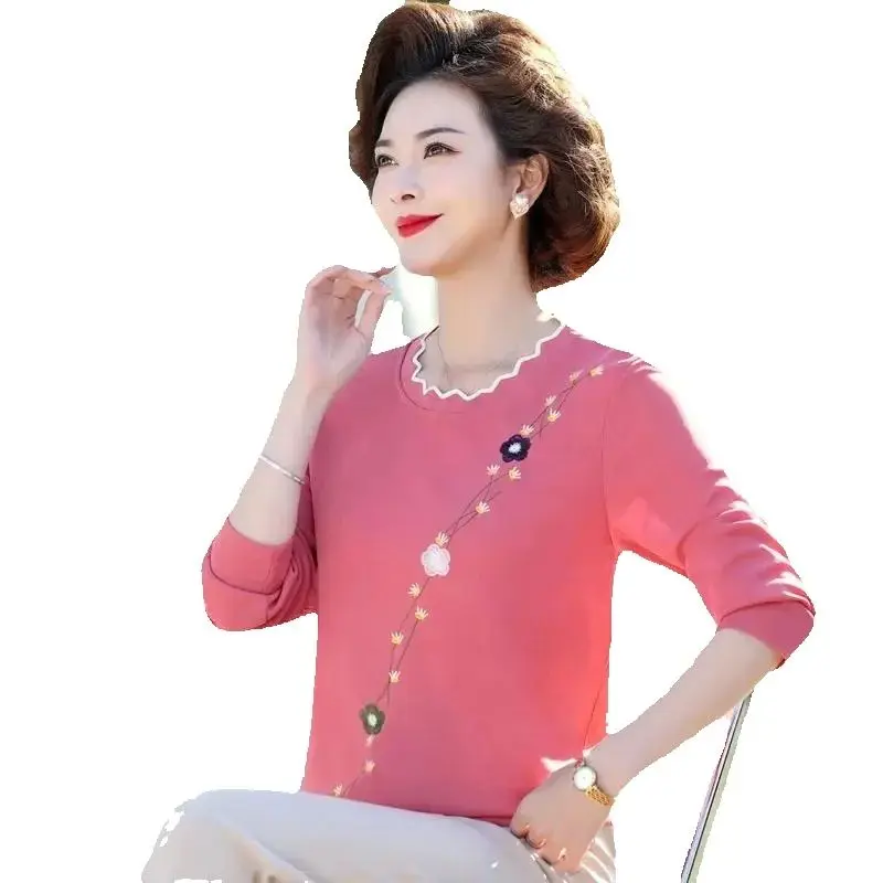 Mom Spring Embroidery Needle Sweater Middle-Aged And Elderly Women's Long-Sleeved T-Shirt Autumn New Bottoming Shirt Top