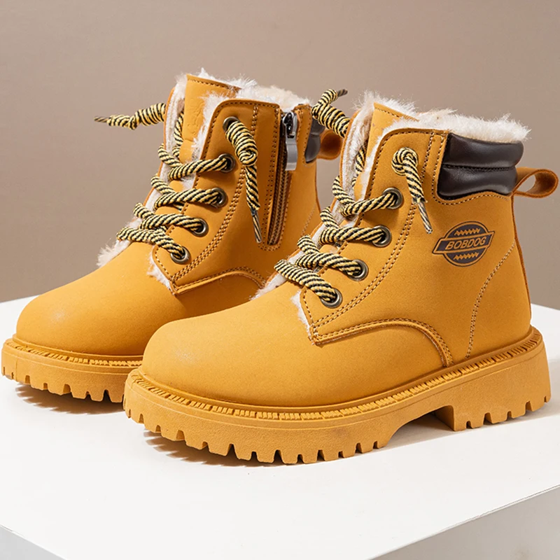Children Yellow Boots Plush Winter Autumn Boys Girls Short Boots Versatile Soft Side Zipper Casual Unisex Ankle Boots Non-slip