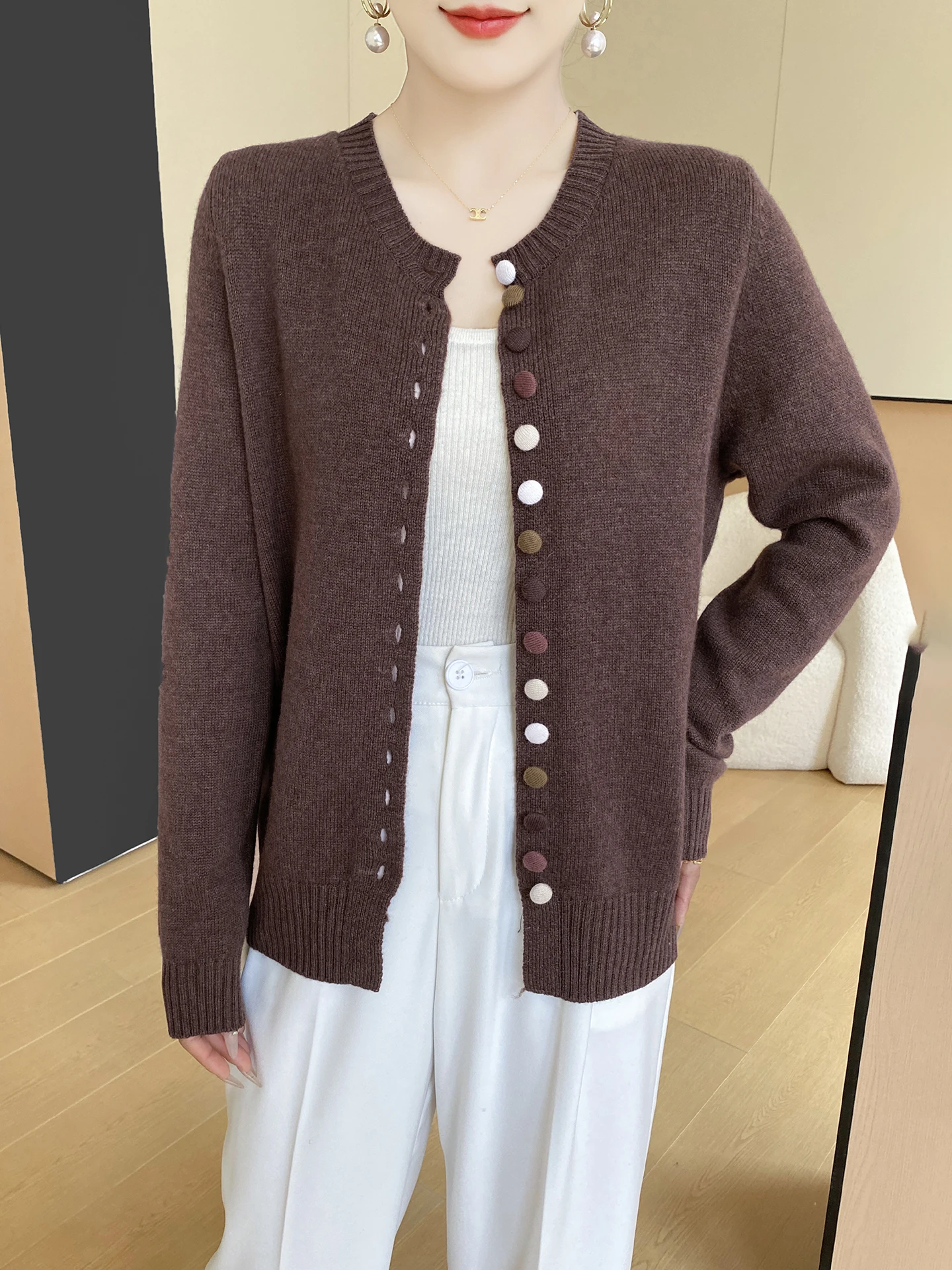 

Круглый открытый кардиган на пуговицах, свитер, женская верхняя одежда, длинный вязаный топ све, ранняя осень, новинка, мягкий хлопок