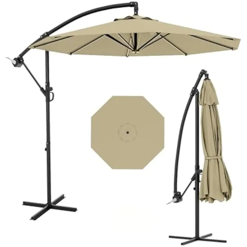 

10FT Patio Umbrella, Cantilever Umbrellas w/Cross Base for 2-6 People, Offset Patio Umbrella Design & Tilt and Crank Lift