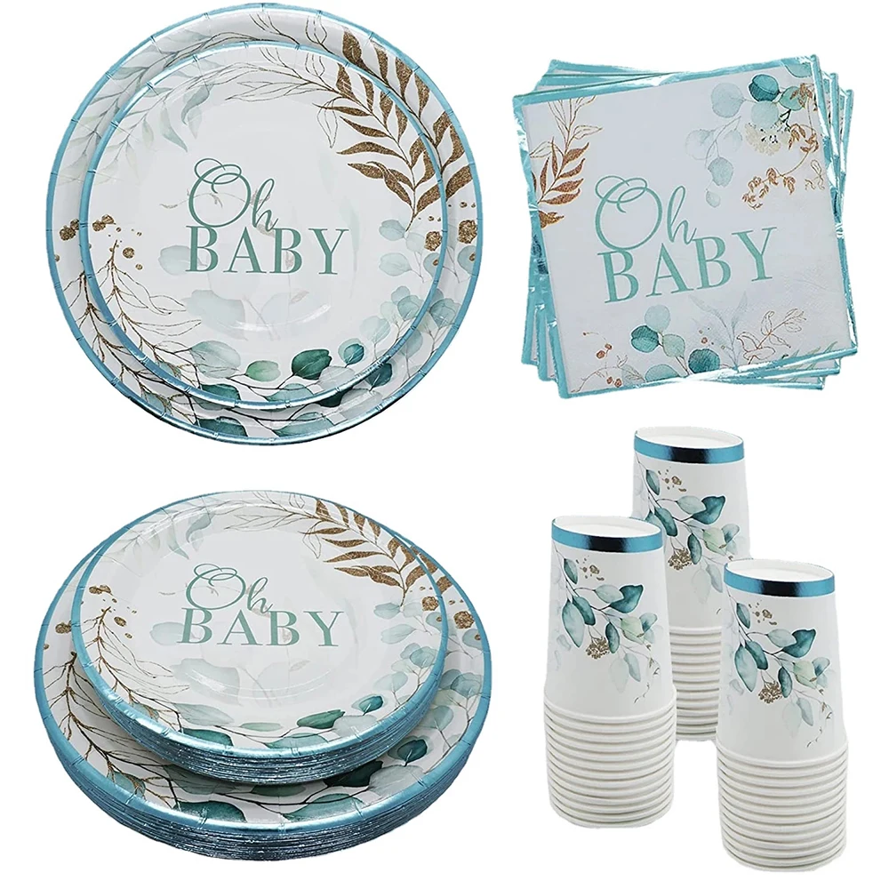 Gender Reveal Party Disposable Tableware Jungle Leaves Baby Napkin Plate Cup Oh Baby Shower Boy Girl Baby Shower Decor Supplies