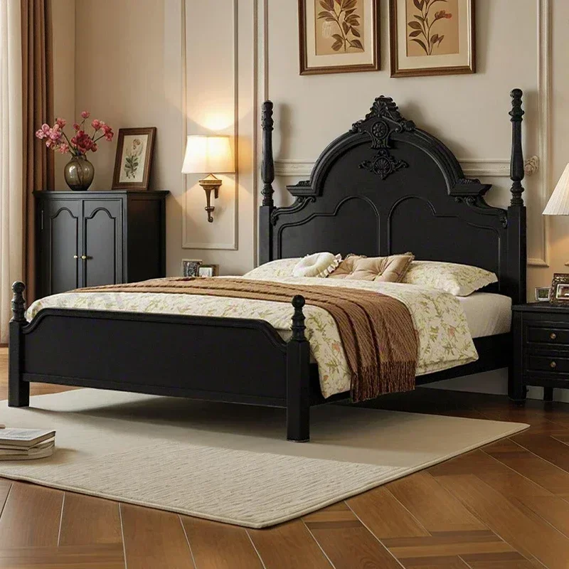 

French retro black full solid wood bed, modern simple double bed