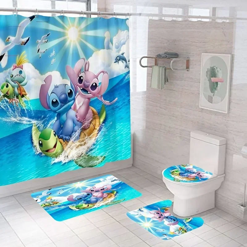 Disney Cartoon Lilo & Stitch Shower Curtain Curtain Floor Mat Non-Slip Waterproof Stitch Star Baby Bathroom Shower Curtain Set