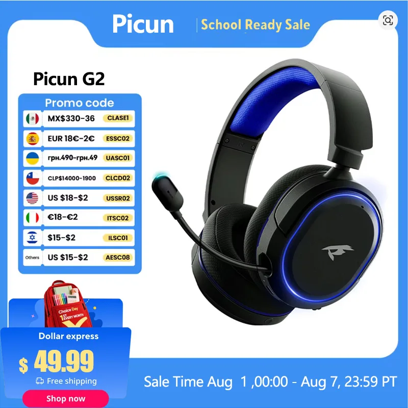 Picun G2 무선 게이밍 헤드셋, 블루투스 5.3, 2.4G 헤드폰, 7.1 서라운드 5ms 저지연 ENC 마이크, PC PS4 PS5 전화 스위치용