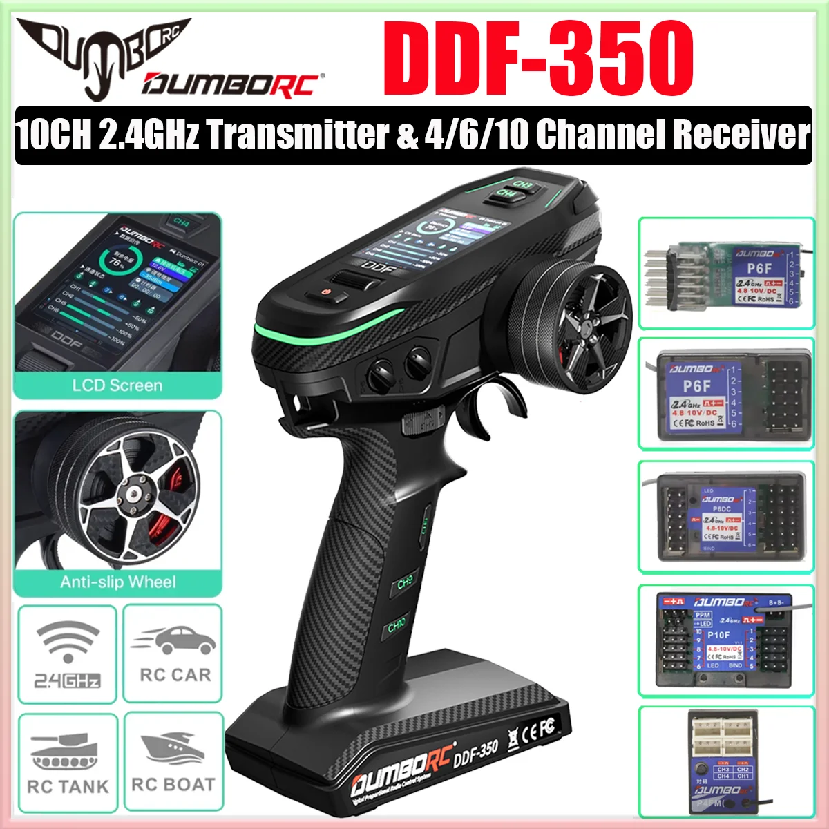 

DUMBORC DDF-350 10CH Remote Controller 2.4G 10Channel Transmitter P6F P6DC Gyro Receiver for Drift Car Tank Boat Robot Toy Wltoy