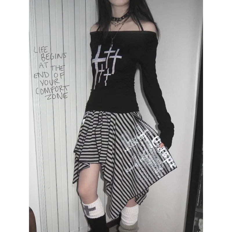 Subculture Punk Street Original Retro Striped Print Irregular Strap Skirt Stacked on Y2k Skirt Skirt