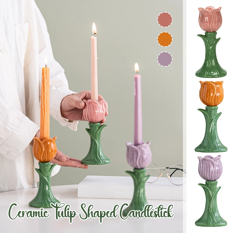 

Creative Ceramic Tulip Shaped Candlestick Multiple Colors Taper Candle Holders Decoration Party Ambience Desktop Candle Cup