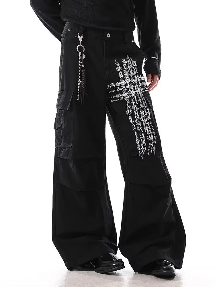 

2025 American Retro Y2K Style Letter Printed Black Baggy Cargo Jeans Pants For Men Clothing Wide Leg Long Trousers Moda Hombre