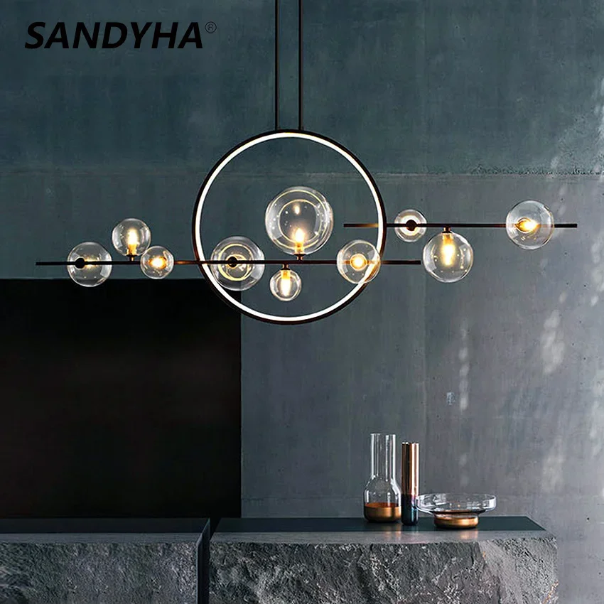 SNADYHA Modern LED Glass Ball Chandelier Black Smoke Clear Bubble Pendant Light Iron Frame Lamp for Dining Room Kitchen Table