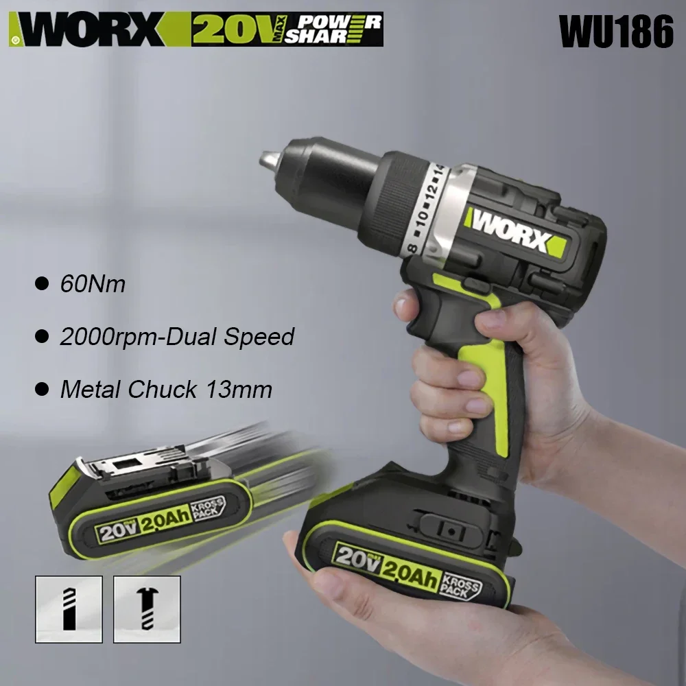 Worx WU186 Wireless Electric Drill Rechargeable Brushless Metal Chuck 60Nm 2000rpm 2Speed Adjustable Universal 20v Green Battery