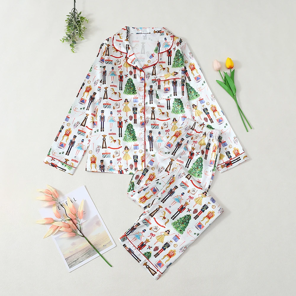 

2Pcs Women Christmas Sleepwear Set Comfortable Breathable Long Sleeve Tops Elastic Waist Long Pants Pajama Casual Loungewear