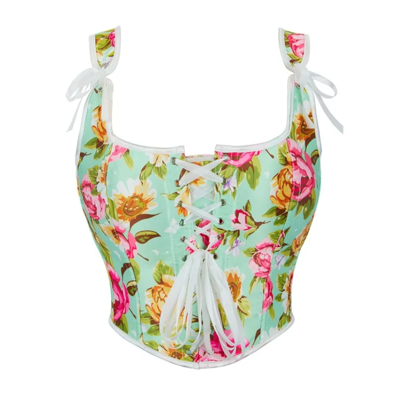 

Green Corset Vest with Peony Flower Print Bustier Tops Adjustable Shoulder Straps Female Chest Shapewear Back Lace up XS-XL