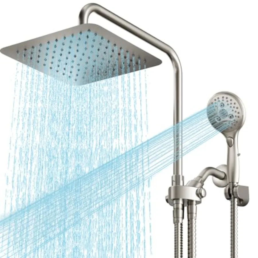 

Bathroom shower head, stainless steel, brushed nickel, 10-inch square rainfall with adjustable height, high-pressure 7-mode dua