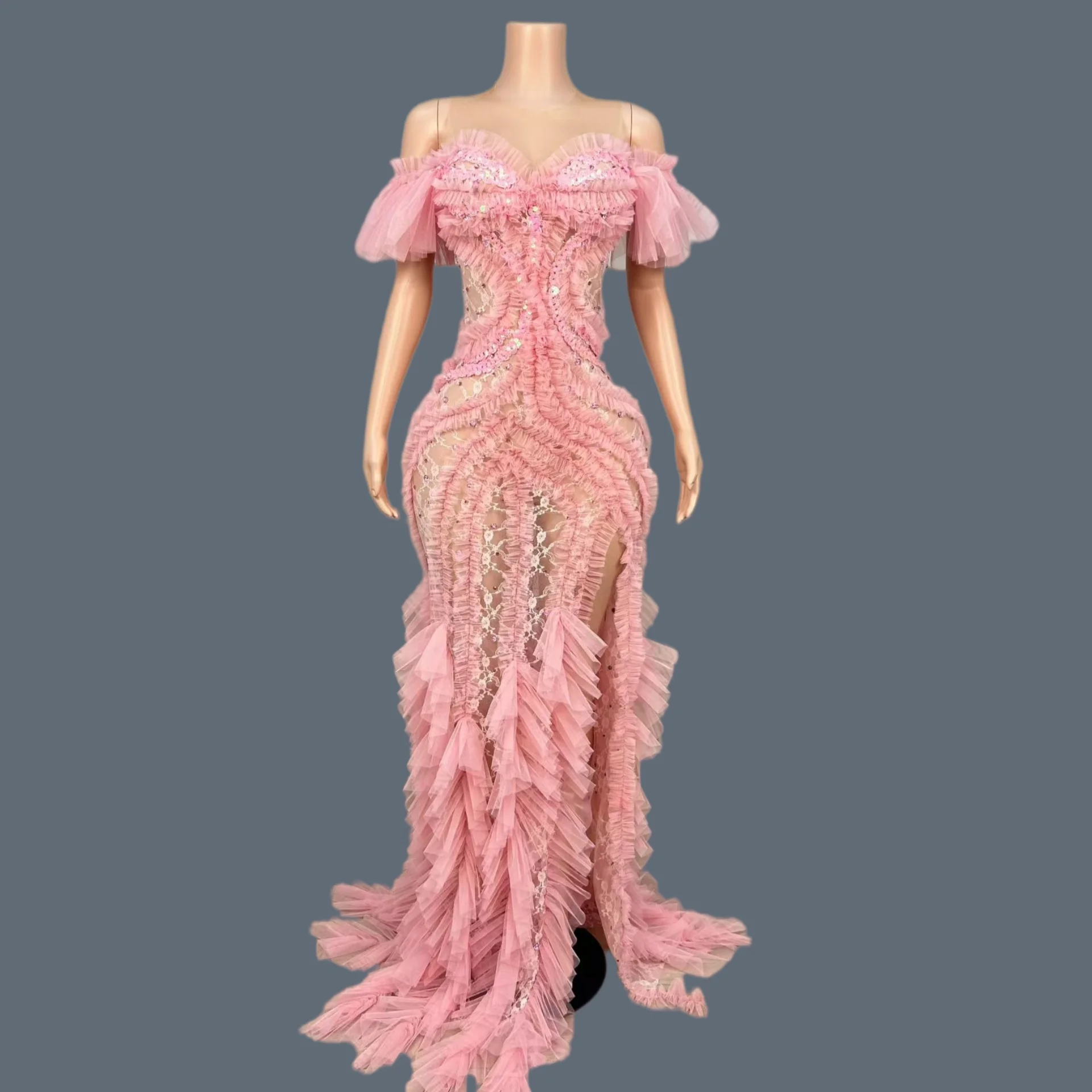 

Women Birthday Party Pink Mesh Cute Evening Gown Sexy Backless Elegant Attractive Off shoulder High Side Slits Long Dress Fenmo