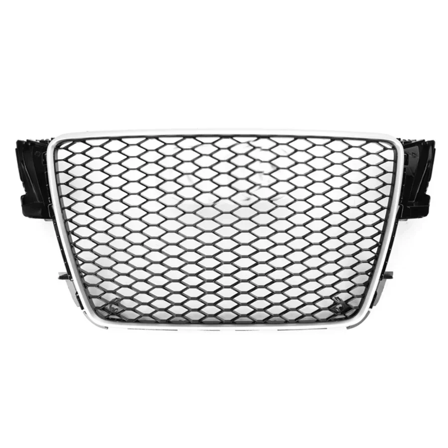 For RS5 Style Front Sport Hex Mesh Honeycomb Hood Grill Silver Frame Gloss Black Grill for Audi A5/S5 B8 2008 2009 2010 2011 fas