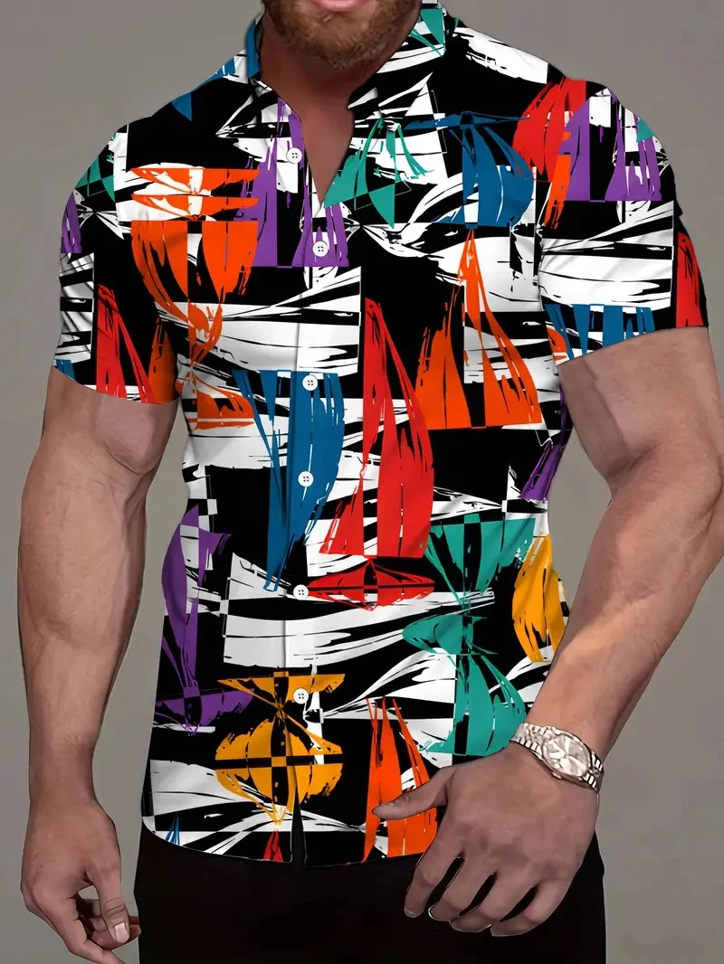 

Гавайская пляжная рубашка для мужчин, 2025 г., рубашка на пуговицах с абстрактным геометрическим принтом, повседневная свободная праздничная мужская рубашка на пуговицах
