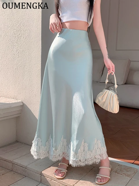 OUMENGKA Summer French Elegant Satin Mermaid Skirt Women Lace Patchwork Waist Elastic Long A-line Skirts Fashion Ladies