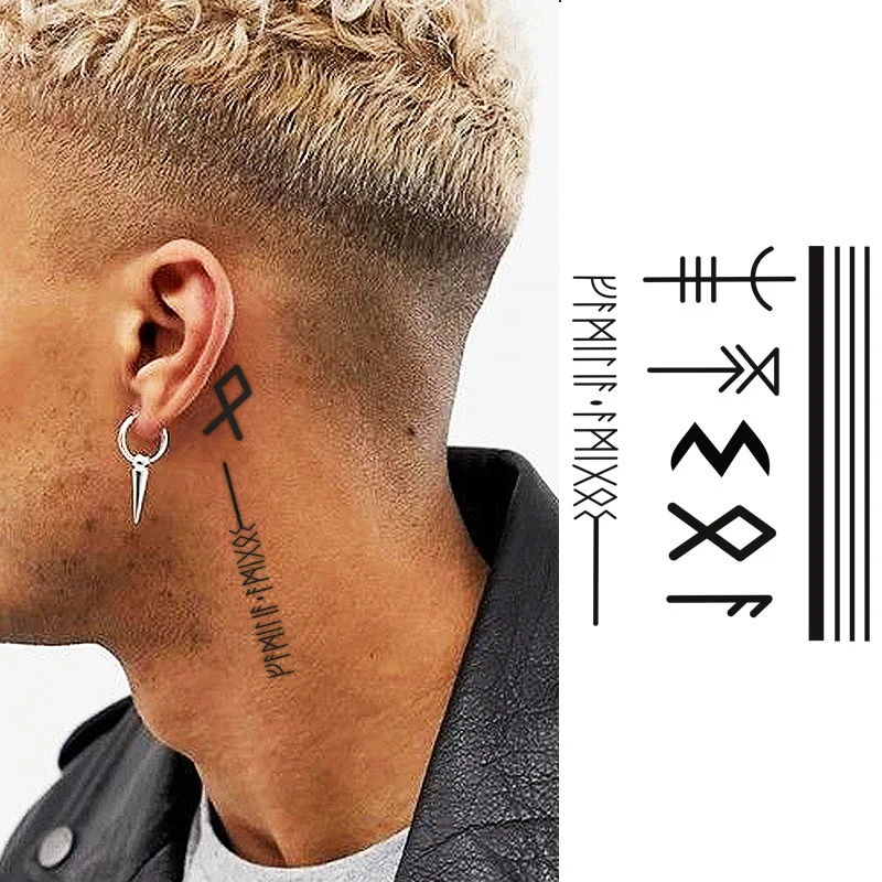 Ink temporary tattoo with Viking symbols, mysterious totems, dark style, cool text lines, pirate design, summer men's hand and neck dual-use tattoo sticker, long-lasting and waterproof for 3-7 days