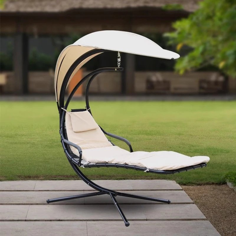 أرجوحة كرسي استرخاء من الفولاذ المنحني المعلق في الهواء الطلق مع وسادة مدمجة ومظلة قابلة للإزالة