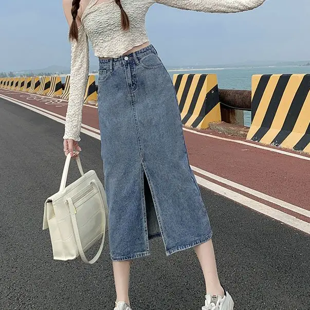 

Denim Skirt Women's Midi 2024 Summer New High-waist Temperament Slim Side Split Hip A-line Skirt