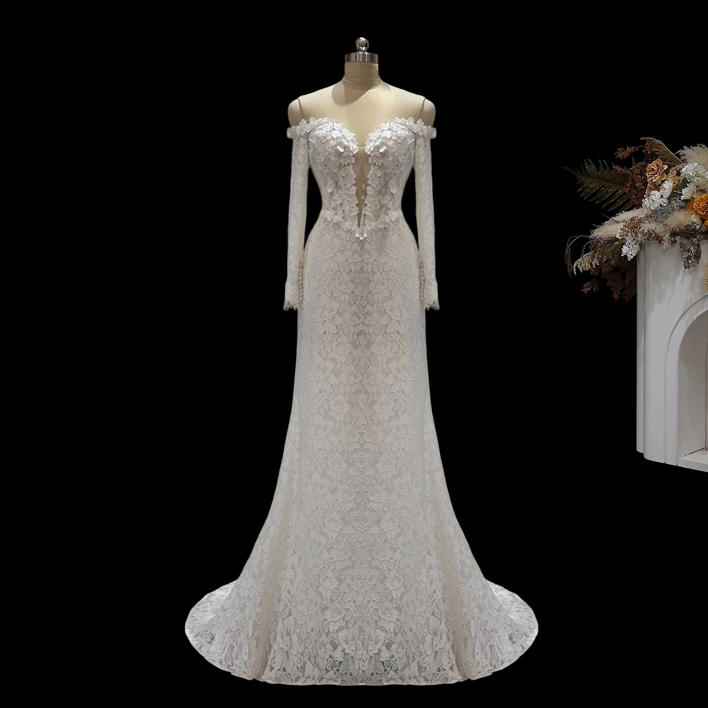 Sharon Said Elegant Off White Sweetheart Lace Mermaid Wedding Dress with Long Sleeve 3D Floral Applique Bridal Gown SW689 Custom