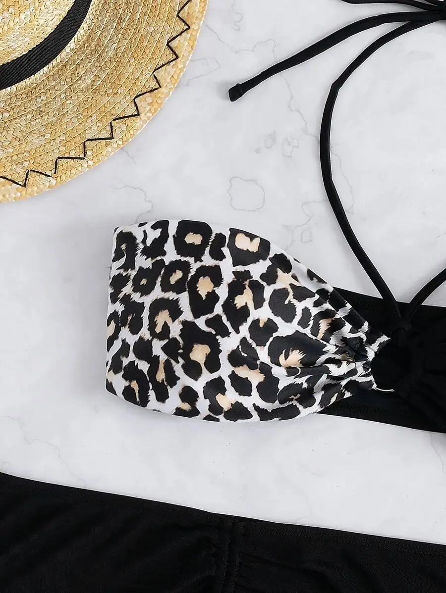Bikini Three-piece Stitching Tube Top Sexy Open Back Bikini Sexy Print Women Swimsuit High Waist Bathing Suit Leopard L