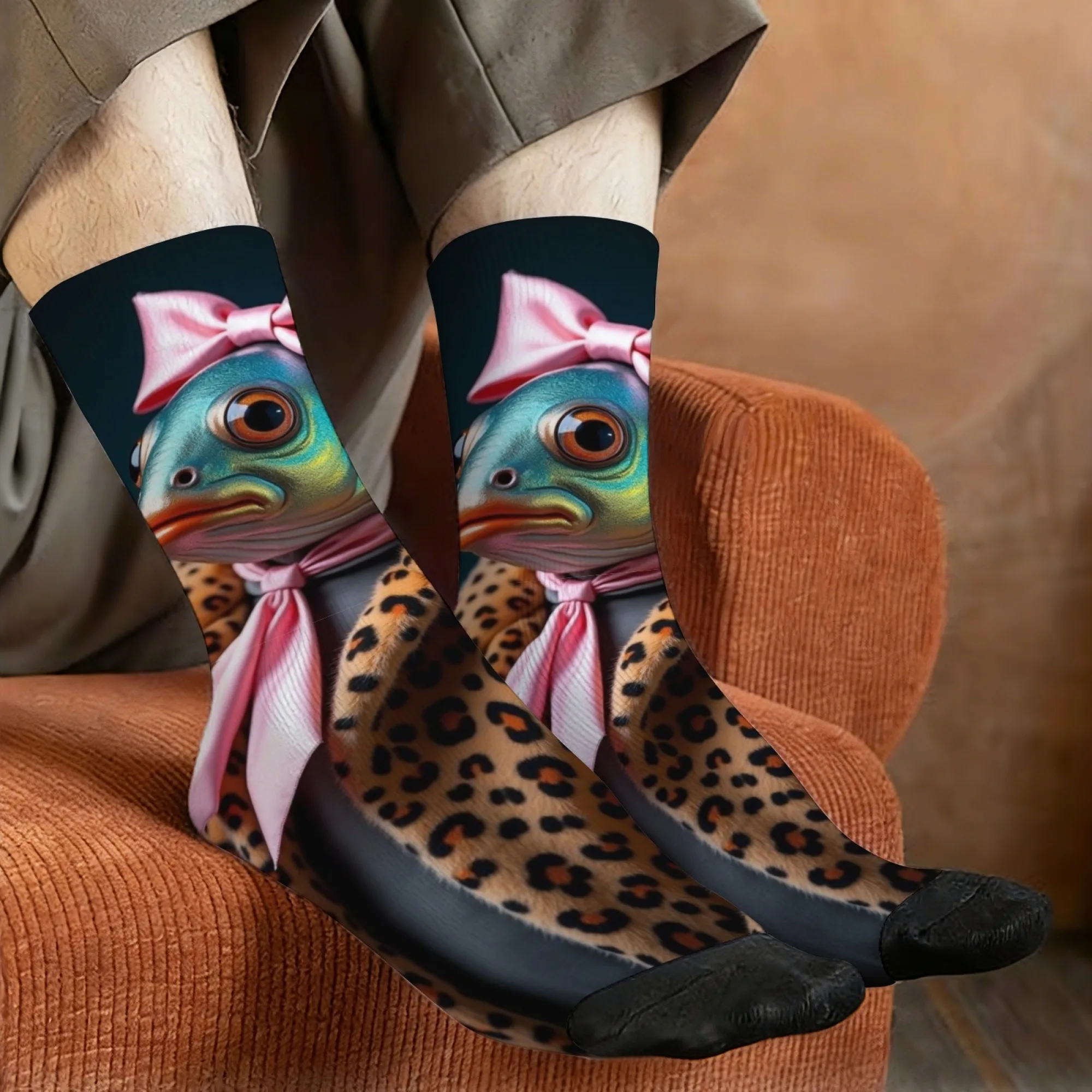 

Забавные и новые креативные мужские носки до середины икры с принтом «русалка и леопардовый принт и бант» для модных вечеринок в уличном стиле