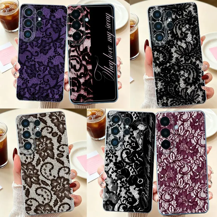 Phone Cover Case for Samsung Galaxy S26 Ultra S21 S23 S26 S24 Note 20 Ultra 10 S25 Edge S25Ultra S22 FE S20 Plus Dark Pink Lace 