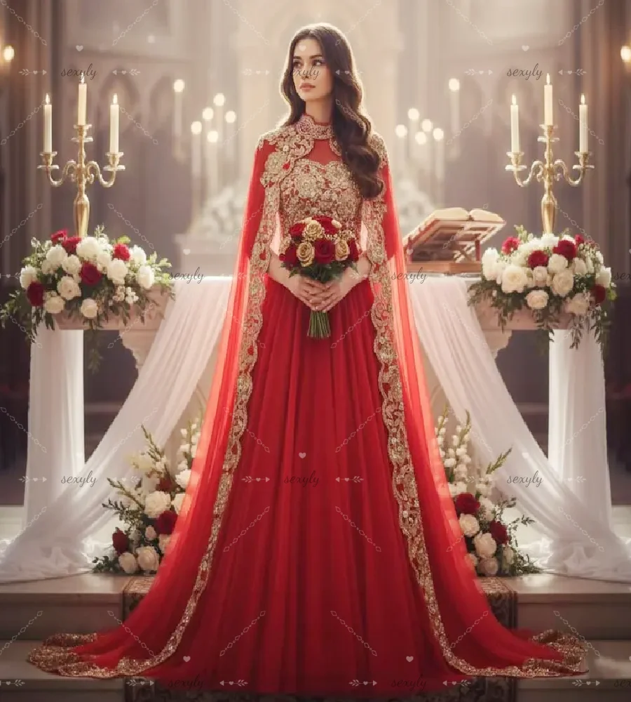 Gorgeous Red Turkish Wedding Dress With Cape Elegant Moroccan Kaftan Gold Appliques Arabic Dubai Bridal Dress Garden Church 2026